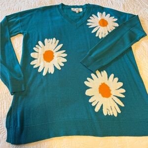 Laurie Felt Teal V-Neck Sweater with White and Orange Daisy Intarsia